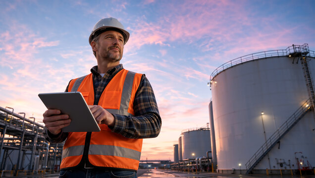 Male industrial engineer holding a tablet at an oil storage facility. Worker in a safety vest and hard hat at a refinery during sunset