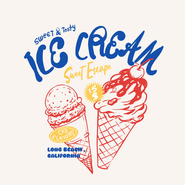 Ice Cream Sweet Escape. hand drawing Cone ice cream. summer food print design. long beach California. food and drink tee shirt design. t-shirt graphic design. 