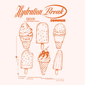 Summer Food Ice Cream Drawing illustration. food fashion Graphic Design. ice cream tee shirt print design. kids girl boys and men's women's also use this print. 