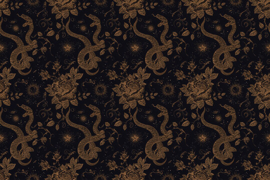 Dark seamless pattern with golden snakes and blooming roses in an intricate vintage engraving style on a black background, for luxury textiles