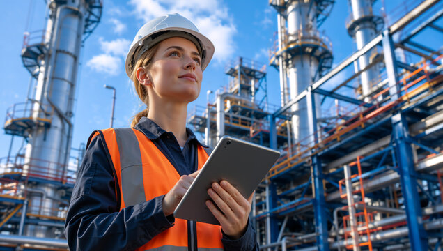 Female engineer holding tablet at industrial refinery. Woman worker in hard hat and safety vest at chemical plant. Energy sector and technology concept