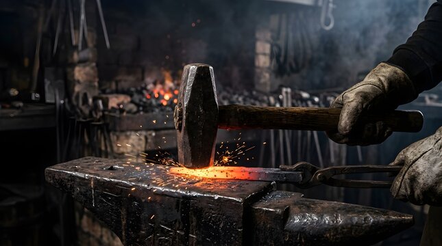Blacksmith hammering glowing hot metal on anvil in traditional forge workshop