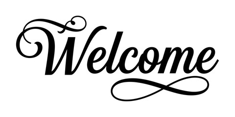 Elegant welcome calligraphy lettering with decorative flourishes on a white background for greeting cards and hospitality signage © markdefined