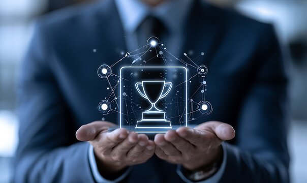 Businessman in a dark suit displays a floating digital trophy hologram above his cupped palms to symbolize company milestones and outstanding professional recognition in a virtual environment.