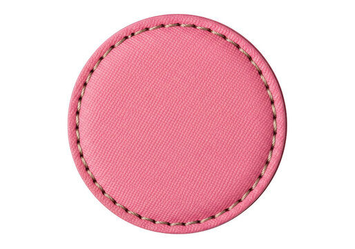 Pink round leather patch with decorative stitched border isolated on transparent background