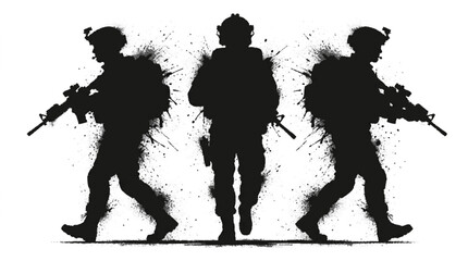 Fototapeta premium Black and white ink splatter silhouette illustration featuring three armed soldiers walking in formation against white background