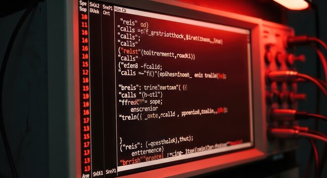 Red Screen Displaying Computer Code in a Dark Room.