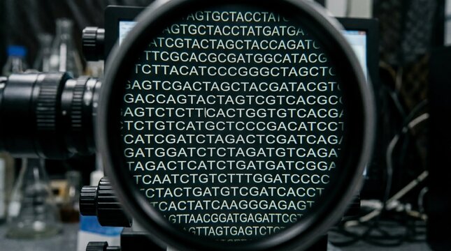 DNA sequencing data examined under microscope with laboratory equipment