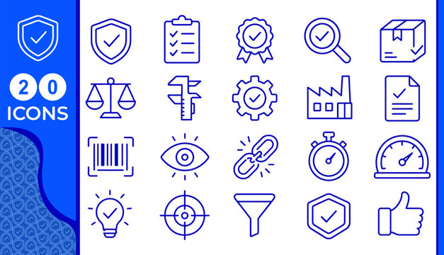 Collection of twenty blue line icons representing quality security data industry and success with a transparent background