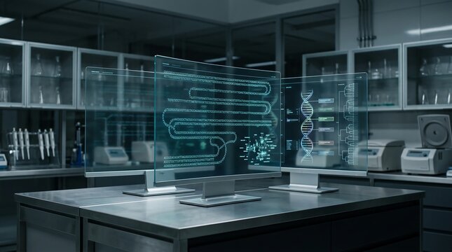 Futuristic lab displays DNA sequencing and genetic code on transparent screens