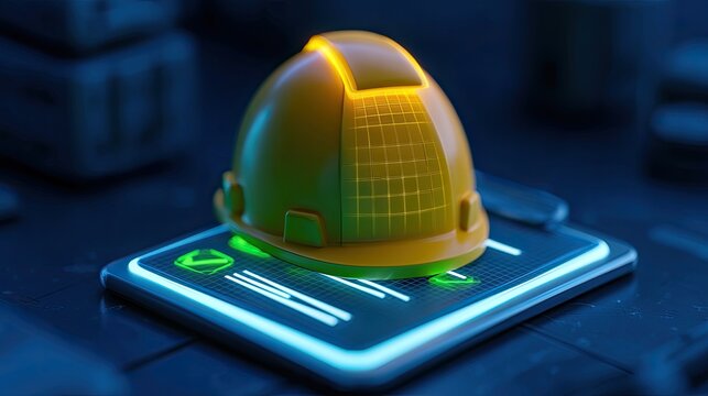 Yellow hard hat atop glowing digital checklist, signifying safety and data