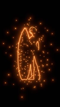 Young woman posing with surfboard. Neon glowing with energy and particles.