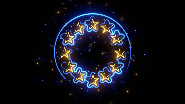 Celebration template for the European Union Independence day. National flag round icon glowing with energy and particles.