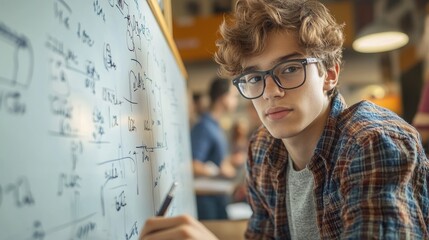 Obraz premium Smart Young Student with Glasses Solving Complex Math Problems on a Whiteboard