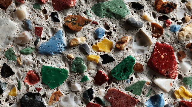 赤と青、黄色の石片が密集するカラフルなテラゾー壁面のマクロ写真