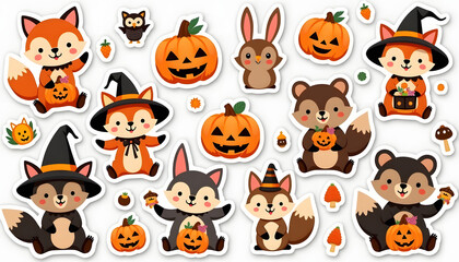 Naklejka premium Cute Halloween Woodland Animal Sticker Set with Owl