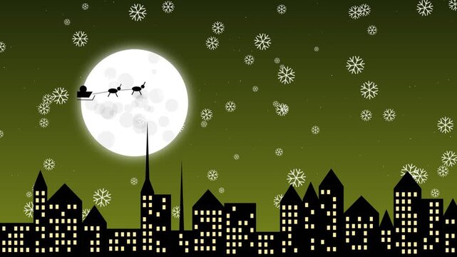 Santa claus sleigh flying over city skyline with full moon and falling snowflakes