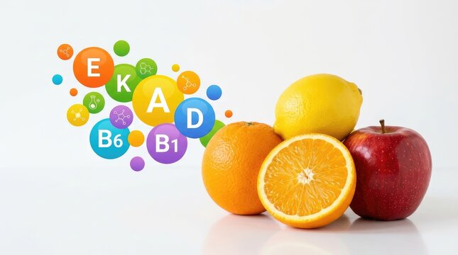 Fresh fruits with vitamins. Healthy eating with essential nutrients