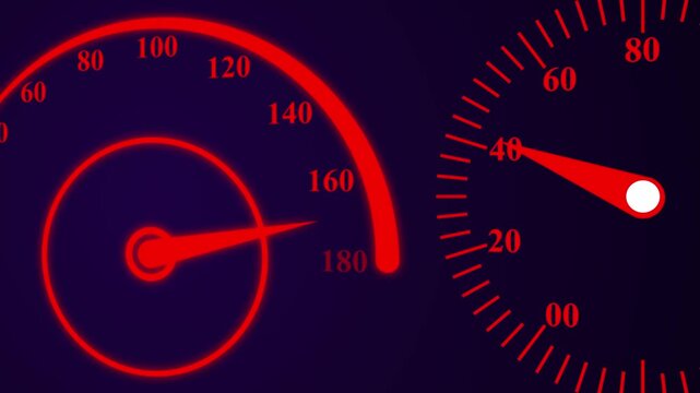 Speedometer and tachometer showing increasing and decreasing engine speed and vehicle velocity motion