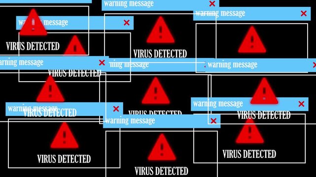 Computer virus warning message alert popups multiplying on screen representing malware attack