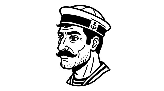 Vintage sailor portrait featuring a mustache and traditional white cap with anchor symbol.