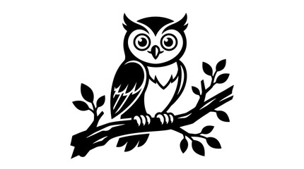 Fototapeta premium Cute owl perched on a tree branch vector illustration in simple black and white line art.