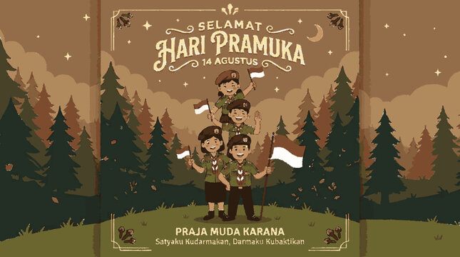 Flat vector illustration celebrating youth scout day with children holding national flags in a stylized forest landscape with charming flat