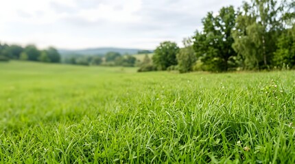 Fototapeta premium Lush Green Meadow Landscape Featuring Rolling Hills and Lush Deciduous Trees under a Soft Overcast Summer Sky