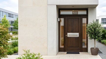 Fototapeta premium Modern Residential Entrance Featuring a Dark Wooden Front Door with a Sleek Metal Mailbox Slot Set in a Neutral Stone Facade Architecture