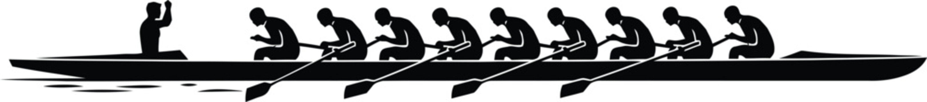 Rowing team silhouette with athletes in a long boat using oars, moving across water in a synchronized motion on white background