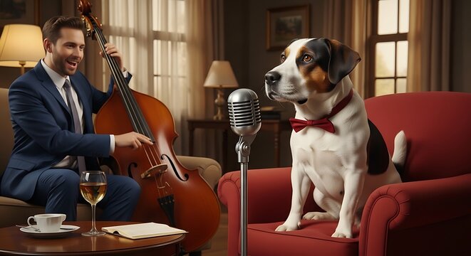 Man playing cello next to a dog wearing a bow tie sitting by a microphone.