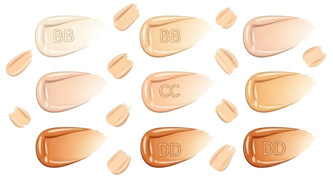 Makeup foundation and BB cream swatches in various skin tones.