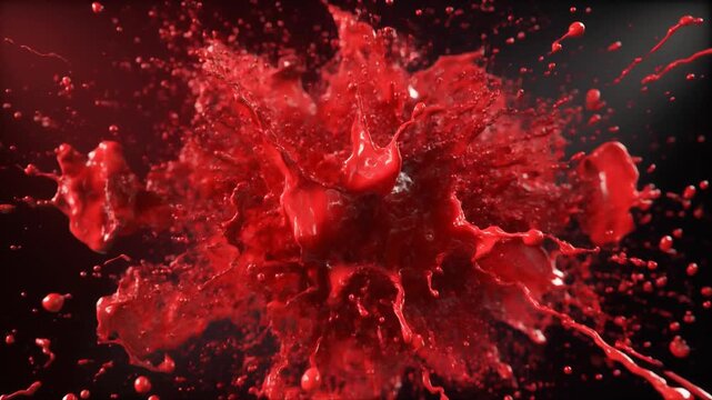 Dramatic High Impact Splash of Glossy Crimson Red Paint Exploding Outwards, Cinematic Chaotic Fluid Motion Background 1080p