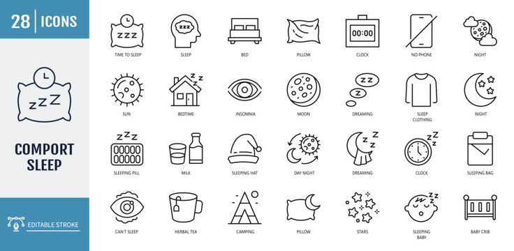 Comfort sleep icon set. outline icon set. vector illustration with editable stroke
