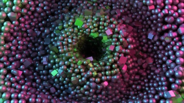 Mesmerizing Vortex of Abstract Colored Spheres and Cubes Drawn Inwards to a Central Point, Futuristic Seamless Loop Motion Background Full HD.