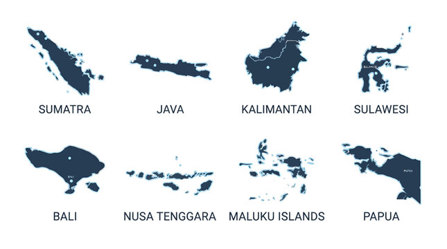 A map illustration shows the geographical regions of Indonesia including Sumatra, Java, Kalimantan, Sulawesi, Bali, Nusa Tenggara, Maluku Islands, and Papua.