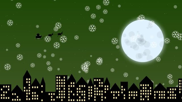 Santa claus flying over city skyline with full moon and falling snowflakes