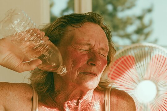 Senior woman with a flushed face cooling off with a water bottle and fan during a summer heat wave for elderly dehydration and heatstroke awareness