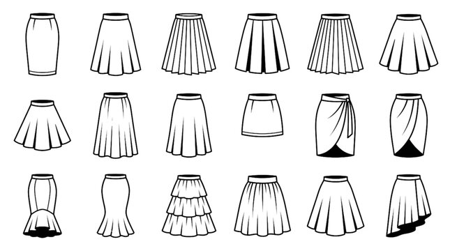 Women's Skirt Fashion Black and White Vector Illustration Set Featuring Modern Classic and Patterned Skirt Styles
