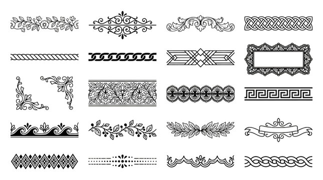 Ornamental Vector Borders and Decorative Dividers Black and White Collection Featuring Vintage Seamless Patterns and Elegant Flourishes