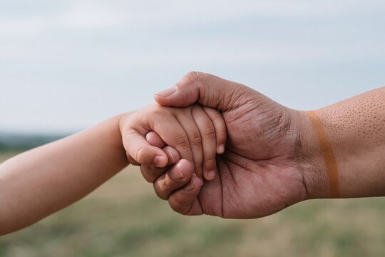 Adult hand gently holding a childs hand in a protective clasp against a soft hazy blue horizon for family lifestyle and insurance advertising