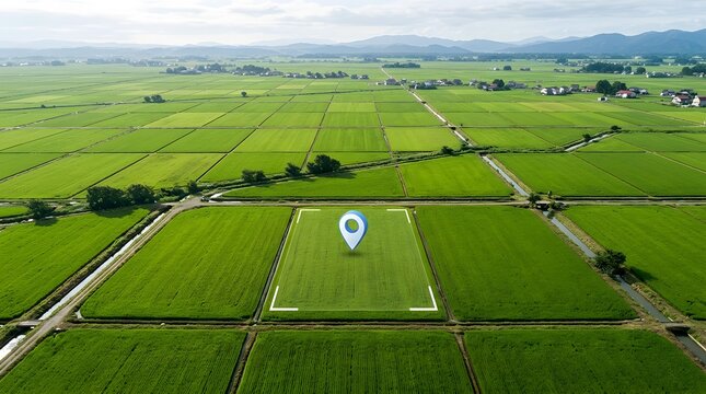 Agricultural land location pin over green rice fields representing rural real estate investment and farm mapping
