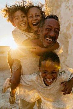 Happy Hispanic father carrying his young son on his back and laughing with his children outdoors, glowing light for family lifestyle and parenthood