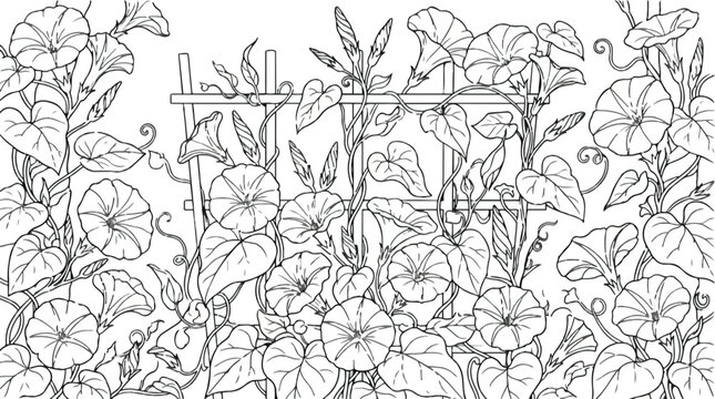 Morning glory vector garden climbing flowers on trellis line art