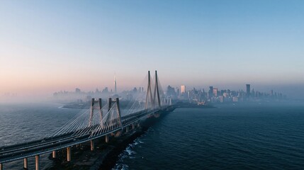 Obraz premium Modern cable stayed bridge spanning across the sea toward a misty city skyline, the atmospheric architectural structure for travel and infrastructure advertising