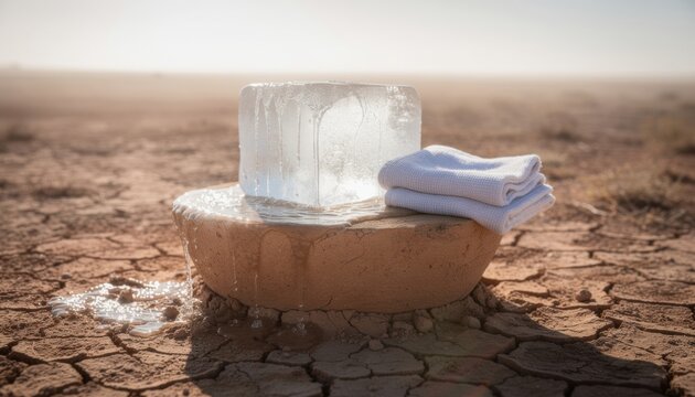 Melting block of ice on a clay podium over cracked dry earth under intense sun glare, symbolizing extreme heat waves and climate change
