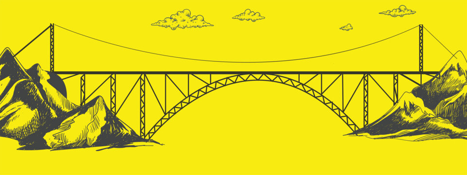 Chenab Bridge Vector Illustration, Iconic Railway Arch Bridge Over Chenab River in Jammu and Kashmir India, Modern Engineering Landmark Architecture Design Isolated on Background