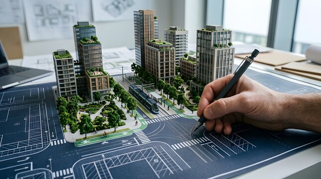 Urban planner designing sustainable city infrastructure with 3d architectural models featuring public transit and green spaces