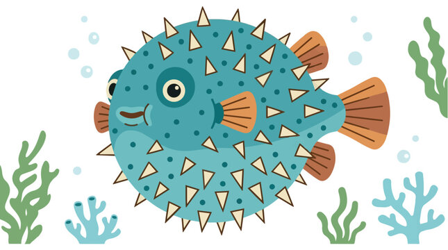 Happy spiky puffer fish vector character swimming underwater