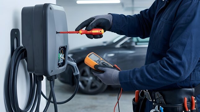 Electrical engineer testing electric vehicle charging station using multimeter and screwdriver for maintenance of sustainable energy infrastructure